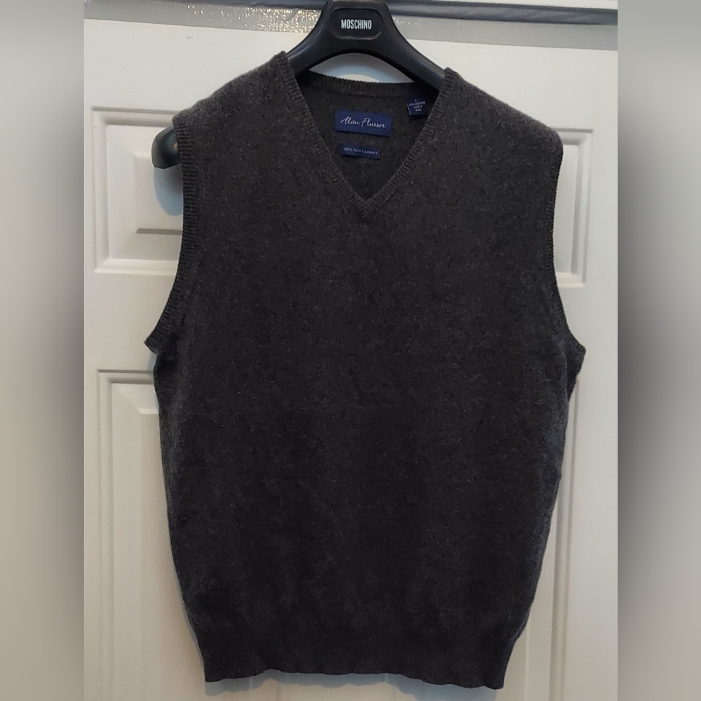 ALAN FLUSSER MEN'S DARK GRAY 100% PURE CASHMERE V-NECK PULLOVER VEST SIZE L